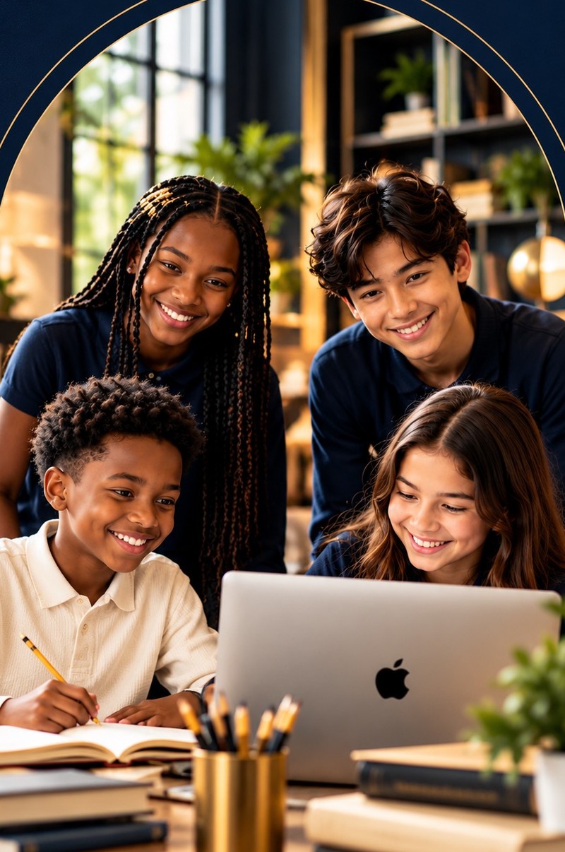Four smiling students of different backgrounds learning together at a table