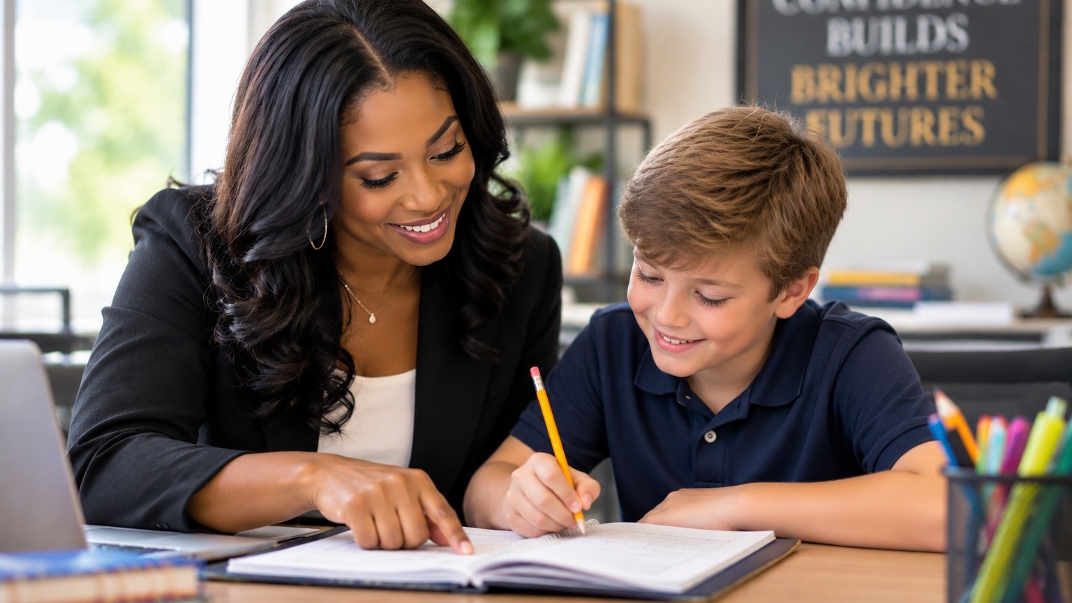 An educator working one-on-one with a student on a reading and writing assignment